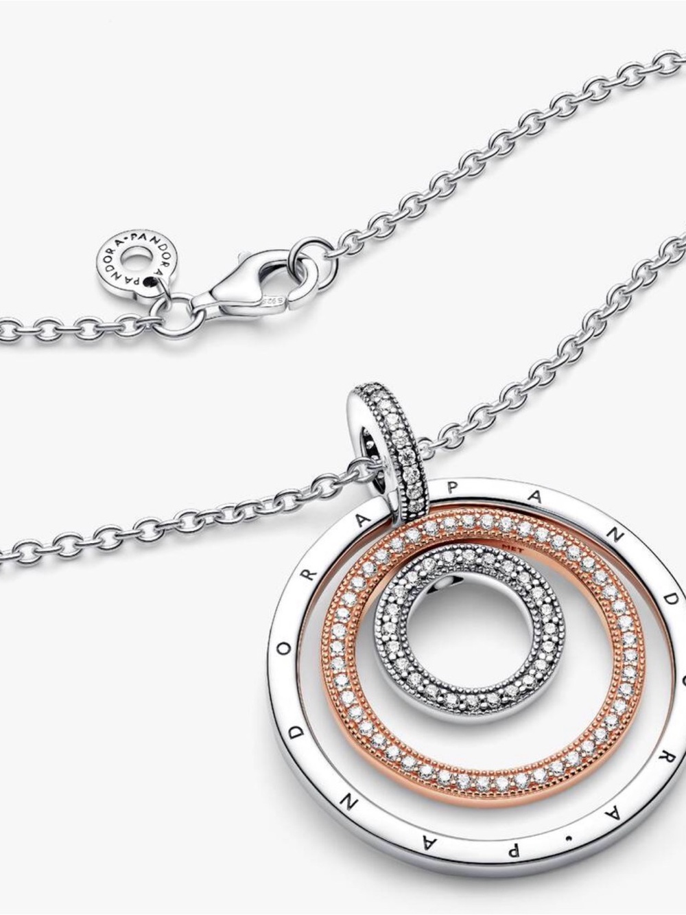 PANDORA - Two-tone Circles Pendant & Necklace - Sterling silver, 14k Rose Gold